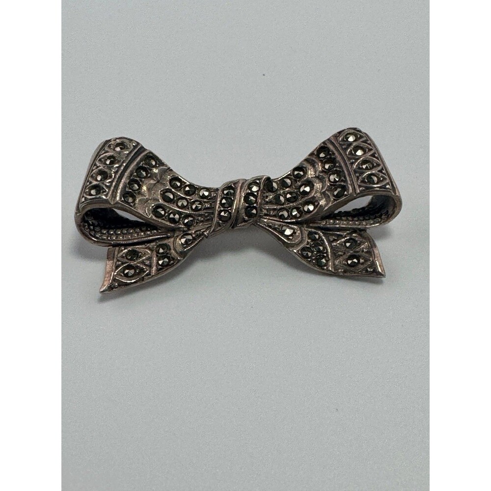 1.5 “ Vintage Sterling Silver Marcasite Bow Brooch Art Deco Style